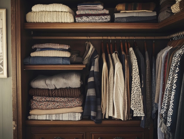 Photo fashionable wardrobe neatly folded sweaters and hanging clothes display home organization