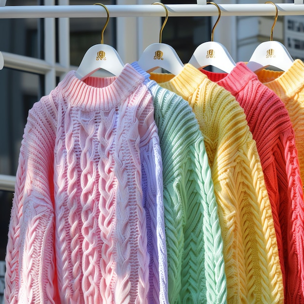 Photo fashionable wardrobe with a row of knitted sweater or warm wool clothes hanging on hanger or shelves