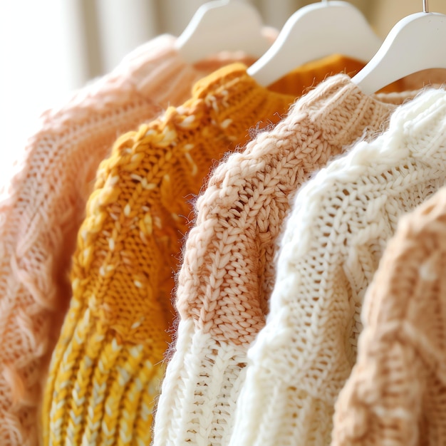 Photo fashionable wardrobe with a row of knitted sweater or warm wool clothes hanging on hanger or shelves