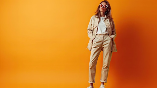 Photo fashionable woman in beige outfit and sunglasses posing against vibrant orange background