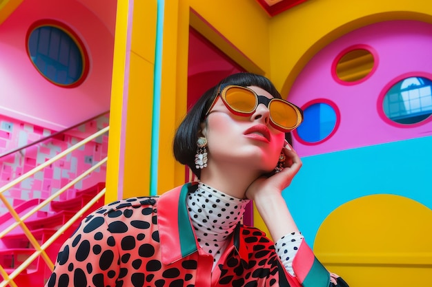 Photo a fashionable woman in a bright orange suit and sunglasses stands out showcasing her bold style and confidence experiment with bold colors and statement pieces ai generated