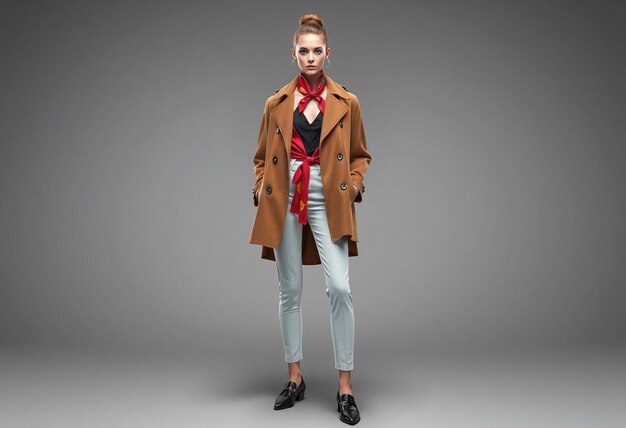 Fashionable woman in a brown coat red scarf and light blue pants against a gray backdrop