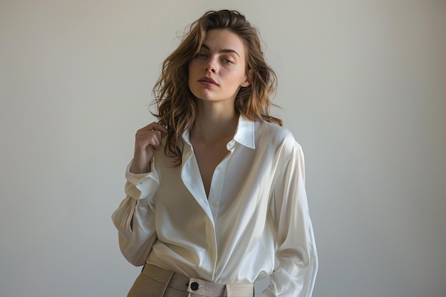 Fashionable woman in a Cream Classic Silk Shirt and Trouser Set captured in a sophisticated lifestyle portrait with a stylish fashion setting