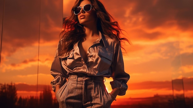 Photo fashionable woman in glasses at sunset