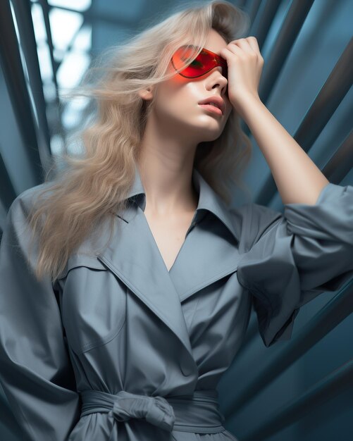 Photo fashionable woman in a grey coat with red sunglasses