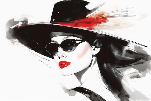 Photo fashionable woman in hat and sunglasses illustration retro sketch stylish accessory chic design