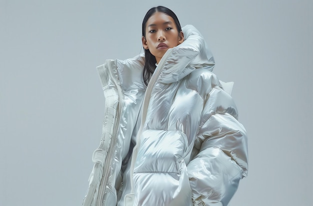 Photo fashionable woman in oversized white puffer jacket posing in studio glamorous fashion shoot portrait