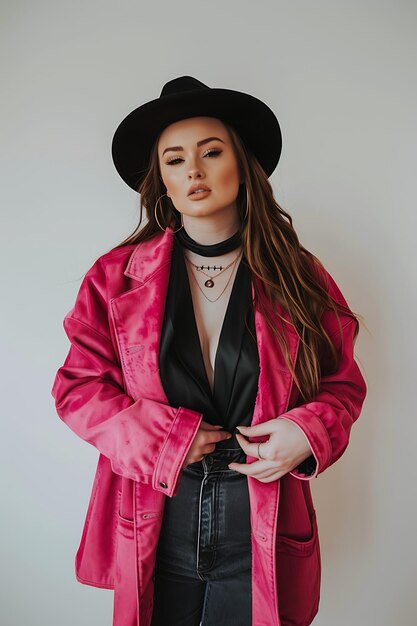 Fashionable woman in pink coat and black hat posing