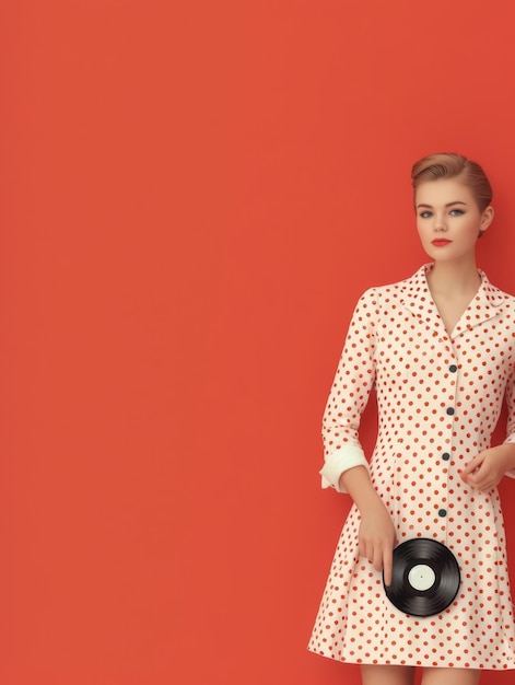 Photo fashionable woman in polka dot dress holding vinyl record on minimalist background