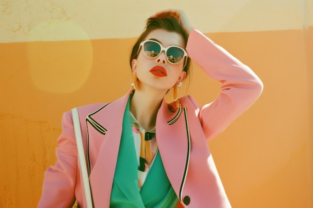 Photo a fashionable woman poses confidently in a chic pink and green outfit with bold red lipstick and oversized sunglasses against a sunkissed pastel background