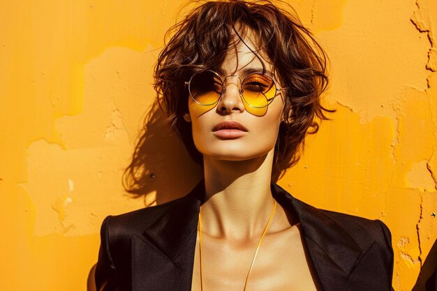 Photo fashionable woman posing against the orange wall