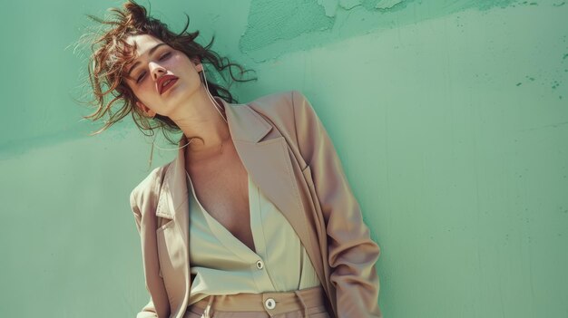 Fashionable woman posing against a teal wall with dynamic hair movement Concept of urban fashion and confidence