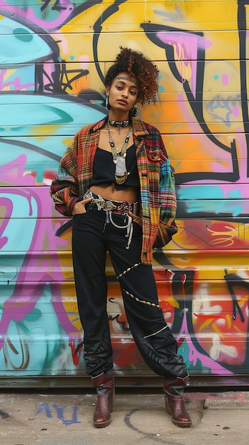 Fashionable Woman Posing Against Vibrant Graffiti Wall