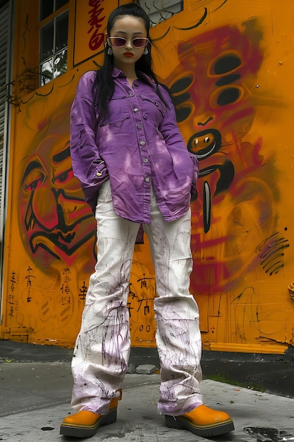 Fashionable Woman in Purple Shirt and White Pants