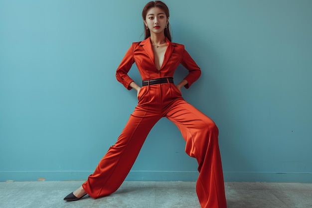 Photo fashionable woman in red jumpsuit