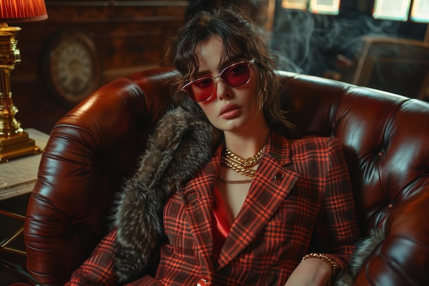 Fashionable Woman in Red Plaid Suit and Sunglasses Relaxing on Leather Chair