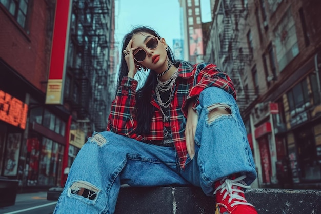 Photo fashionable woman sitting on a curb in an urban setting