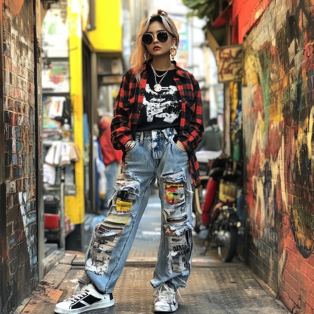 Photo fashionable woman standing in a graffiti alleyway