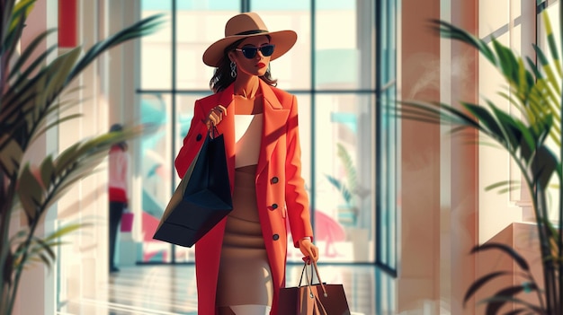 Photo a fashionable woman strides confidently through a sunlit shopping mall