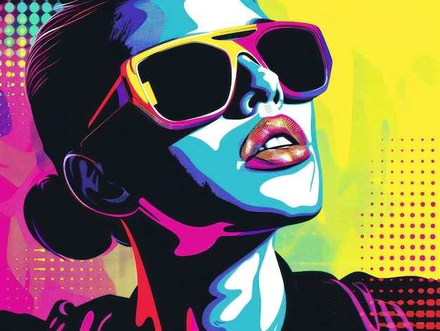 Fashionable woman in sunglasses on colorful pop art background a vibrant portrait of style and beauty