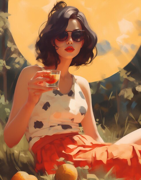 Fashionable woman in sunglasses sipping a drink in the sun surrounded by nature and summer vibes