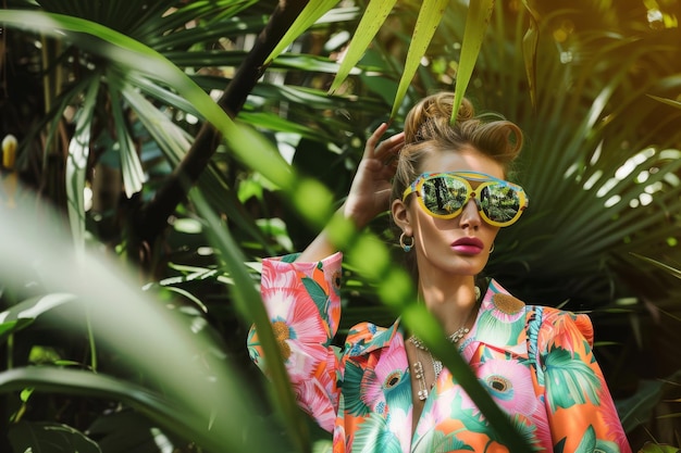 Photo fashionable woman in tropical print dress and stylish sunglasses amidst green foliage