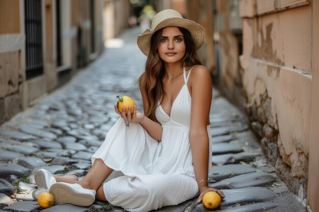 Photo a fashionable woman wearing an allwhite outfit poses with lemons on the street of a european city in the summer fashion lifestyle concept copy with blank space