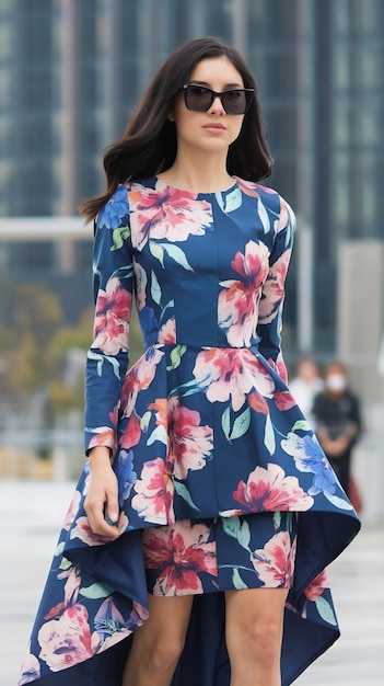 Photo fashionable woman wearing floral pattern dress