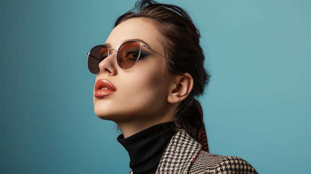 Fashionable woman wearing sunglasses and a checkered coat