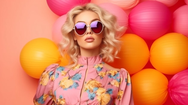 Fashionable woman wearing a trendy spring dress Summer floral outfit fashionable sunglasses and a trendy wavy haircut Glamour Generative AI Blonde Woman In Jumpsuit