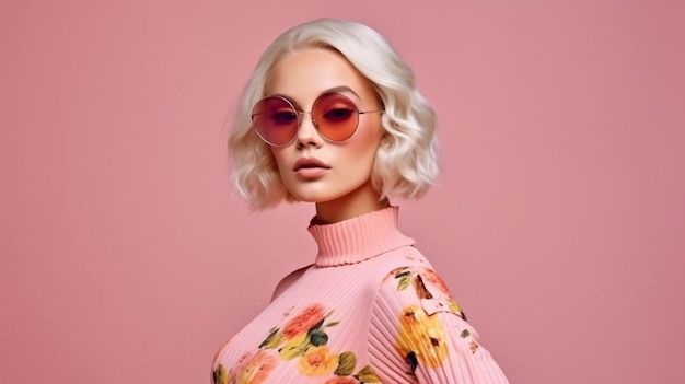 Fashionable woman wearing a trendy spring dress Summer floral outfit fashionable sunglasses and a trendy wavy haircut Glamour Generative AI Blonde Woman In Jumpsuit