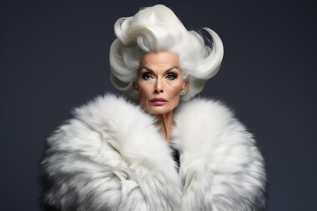 Fashionable woman in white fur coat Studio shot over grey background