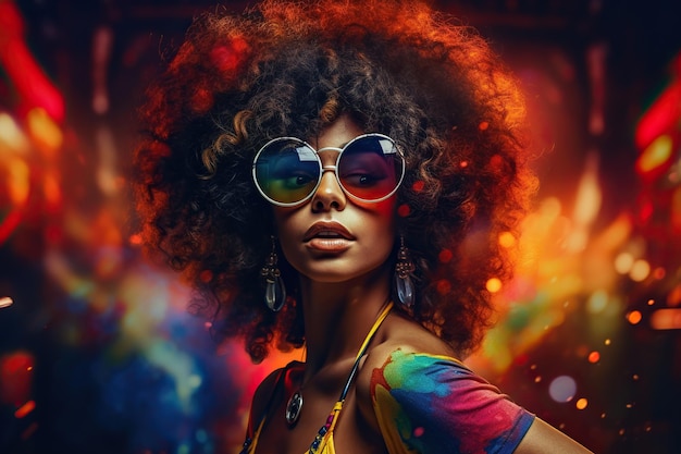 A fashionable woman with an afro hairstyle wearing colored glasses against a kaleidoscope of bright colors expressing the energy and style of the 1970s