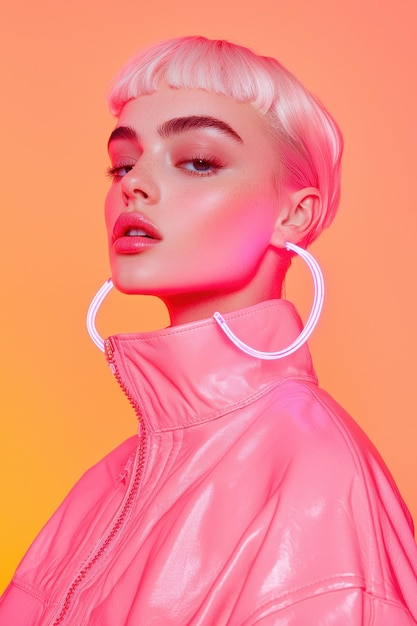 Fashionable Woman with Neon Pink Hoop Earrings and Pink Leather Jacket