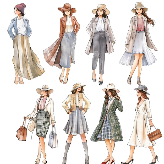 Fashionable women in hats and coats Watercolor hand drawn illustration