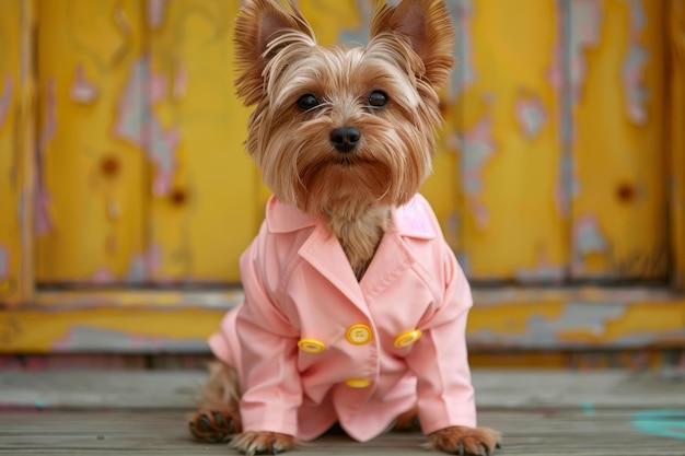 Fashionable yorkshire terrier in pink jacket