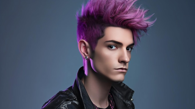 Fashionable young man with pink hair and black leather jacket on grey background