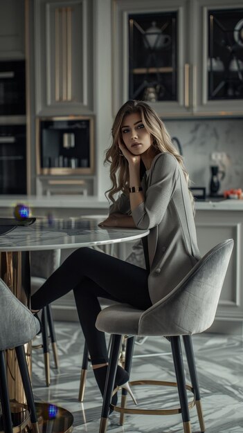 Photo fashionable young woman in a beige coat sits on a chair in the kitchen