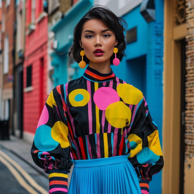 Fashionable young woman in colorful clothes on a city street