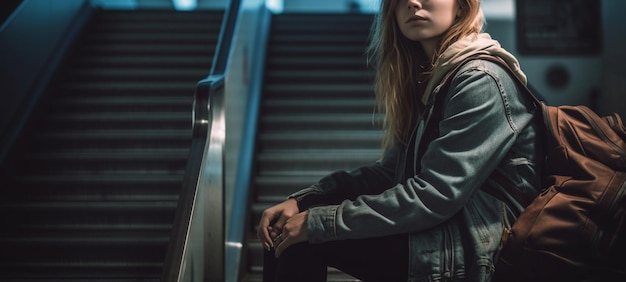 Fashionable young woman is sitting on the stairs in the airportgenerative ai