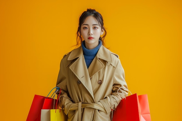 Fashionable Young Woman in Trench Coat Holding Colorful Shopping Bags on Vibrant Yellow Background