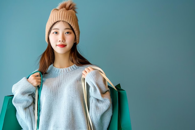 Fashionable Young Woman in Winter Attire Holding Shopping Bags on a Teal Background