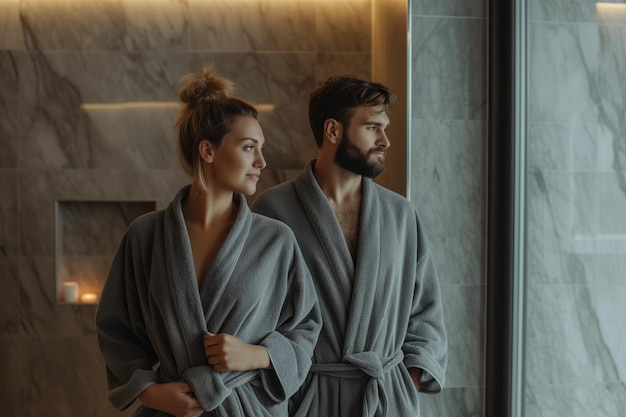 Fashionably Neutral A Stylish Couple In Gray Bathrobes In A Contemporary Home