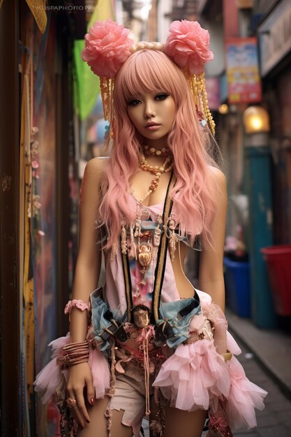 Photo fashionforward japanese gyaru exploring urban street in vibrant attire