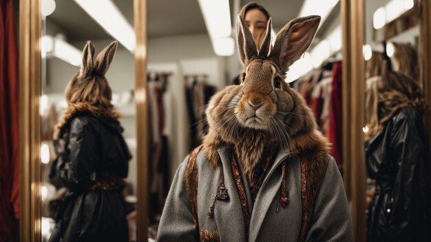 A fashionforward rabbit trying on various outfits in front of a mirror