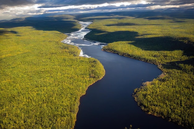 Fast cold mountain river flowing among green banks covered with grass