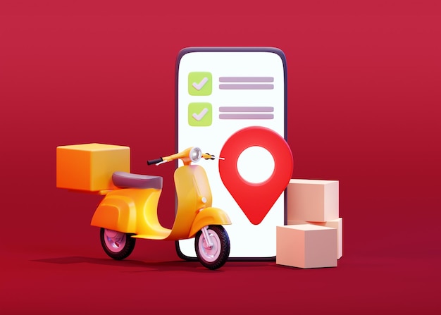 Fast delivery by scooter on mobile. 3d illustration