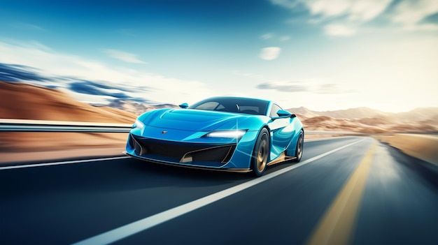 Fast drive blue luxury sport car moving high speed on the road race track with motion blur effect