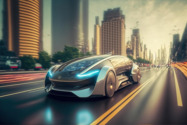 Fast electric car with futuristic autonomous sensor software driving on road