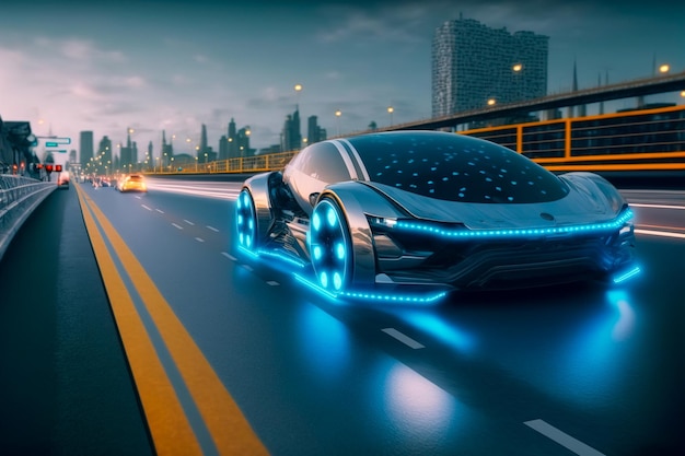 Fast electric car with futuristic autonomous sensor software driving on road